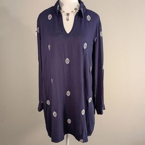 Liza Byrd Navy Blue And Silver Jacquard Large V-neck Tunic Blouse